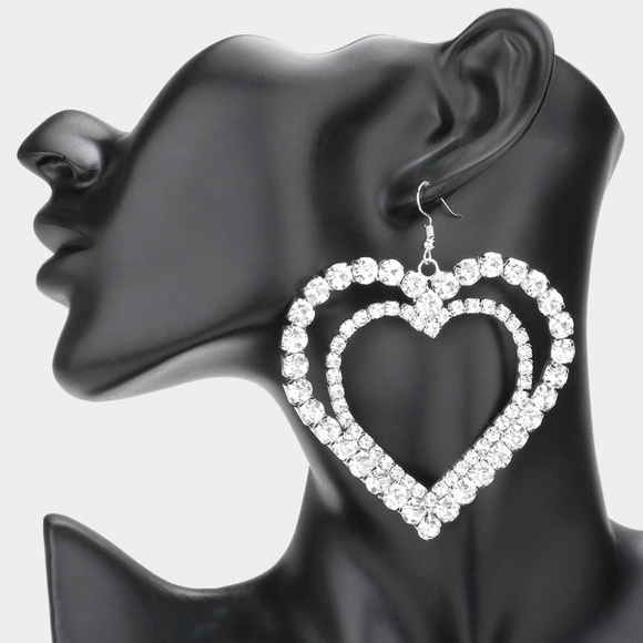 Silver Heart Hoop Earrings Double Rhinestone Dangle Crystal Statement Jewelry - Picture 1 of 2